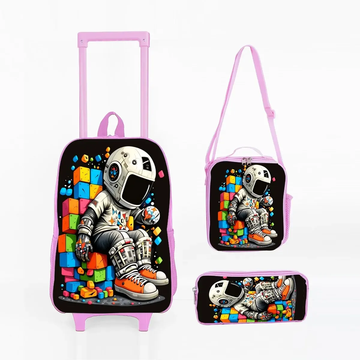 ensemble de sacs à roulettes à imprimé spatial d'astronaute avec boîte à lunch, trousse à crayons, sac à roulettes pour l'école, sac à dos pour fille/garçon