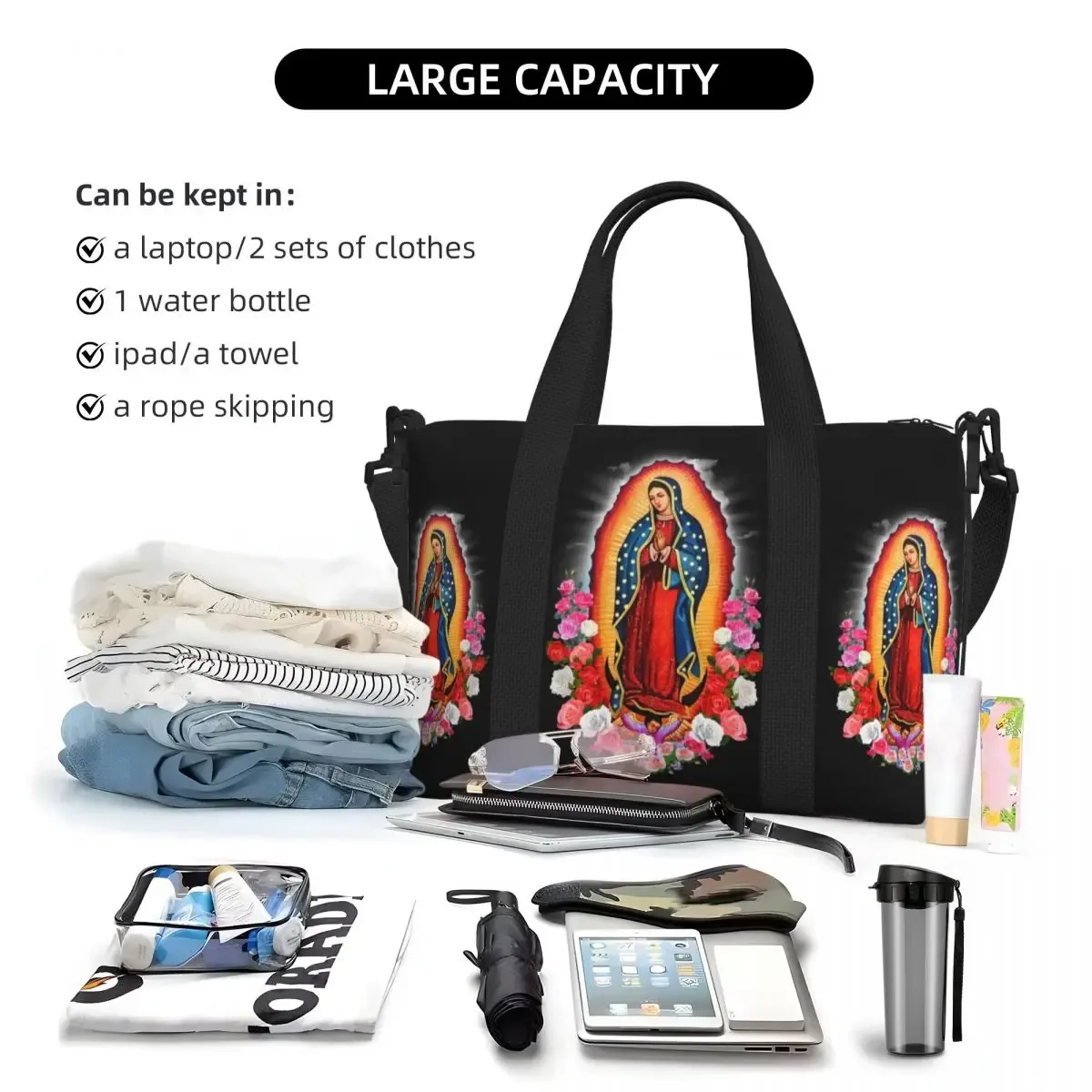 sac fourre-tout personnalisé vierge marie d'élissa upe pour femme, grande capacité, saint catholique du mexique, sacs de voyage pour salle de sport de plage