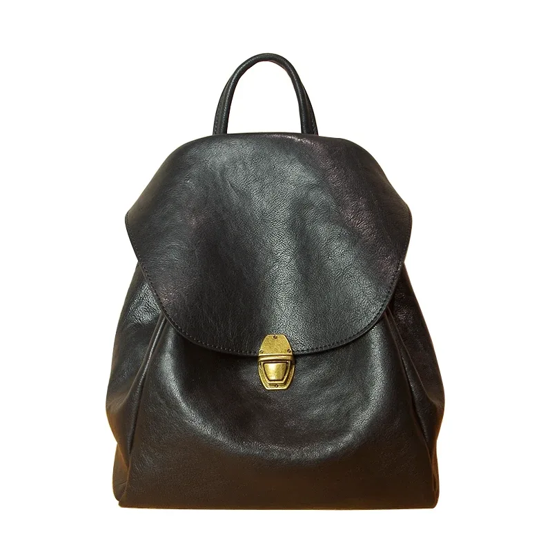 sac à bandoulière en cuir de vachette noir souple pour femme, sac à dos à moraillon, original, simple, rétro, école, dames, nouveau, 2024