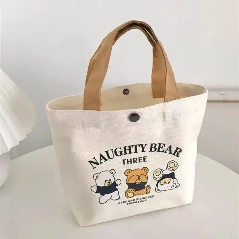 sac fourre-tout mini en toile motif ours mignon, sac à déjeuner esthétique kawaii pour femmes et filles, sac à main scolaire réutilisable pour étudiantes, cadeau