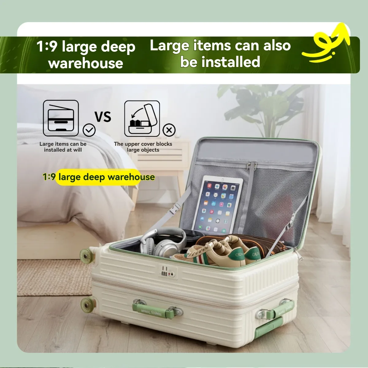 ensemble de valise à ouverture frontale avec roulettes en gel, poignée télescopique, couche extensible de 5 cm, poignée en cuir, support pour téléphone, porte-gobelet pliable, crochet latéral, serrure douanière, idéale pour les vacances à la mer et les voyages longue distance.