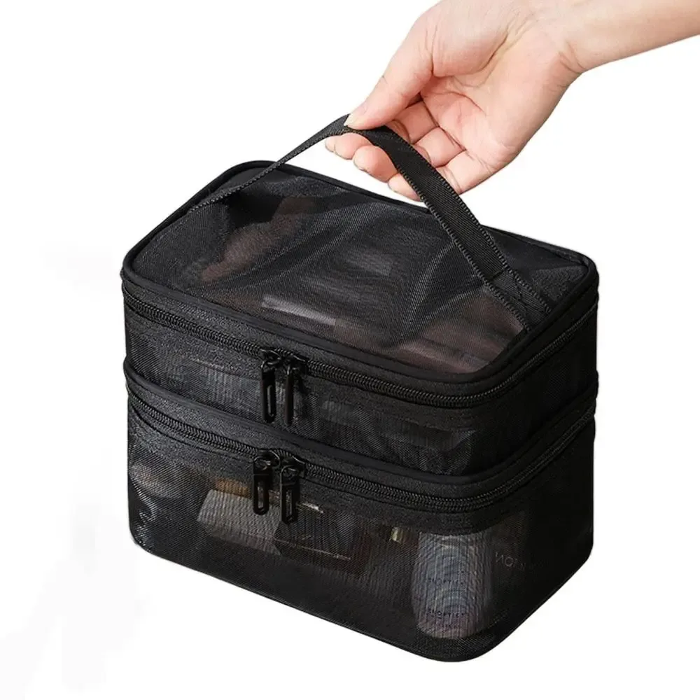sac de voyage transparent en maille pour cosmétiques, sac de rangement de grande capacité, organisateur de maquillage, étui à maquillage à 2/3 couches, pour la gym et la natation