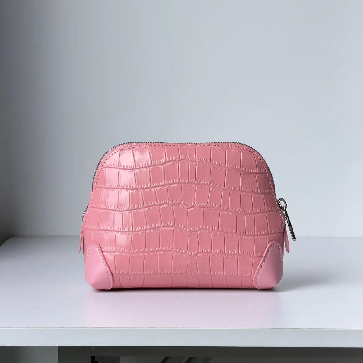 sac à cosmétiques en cuir de vachette rose à motif crocodile, sac de toilette de luxe de grande capacité, en cuir véritable, pour voyage, rangement portable, trousse de toilette