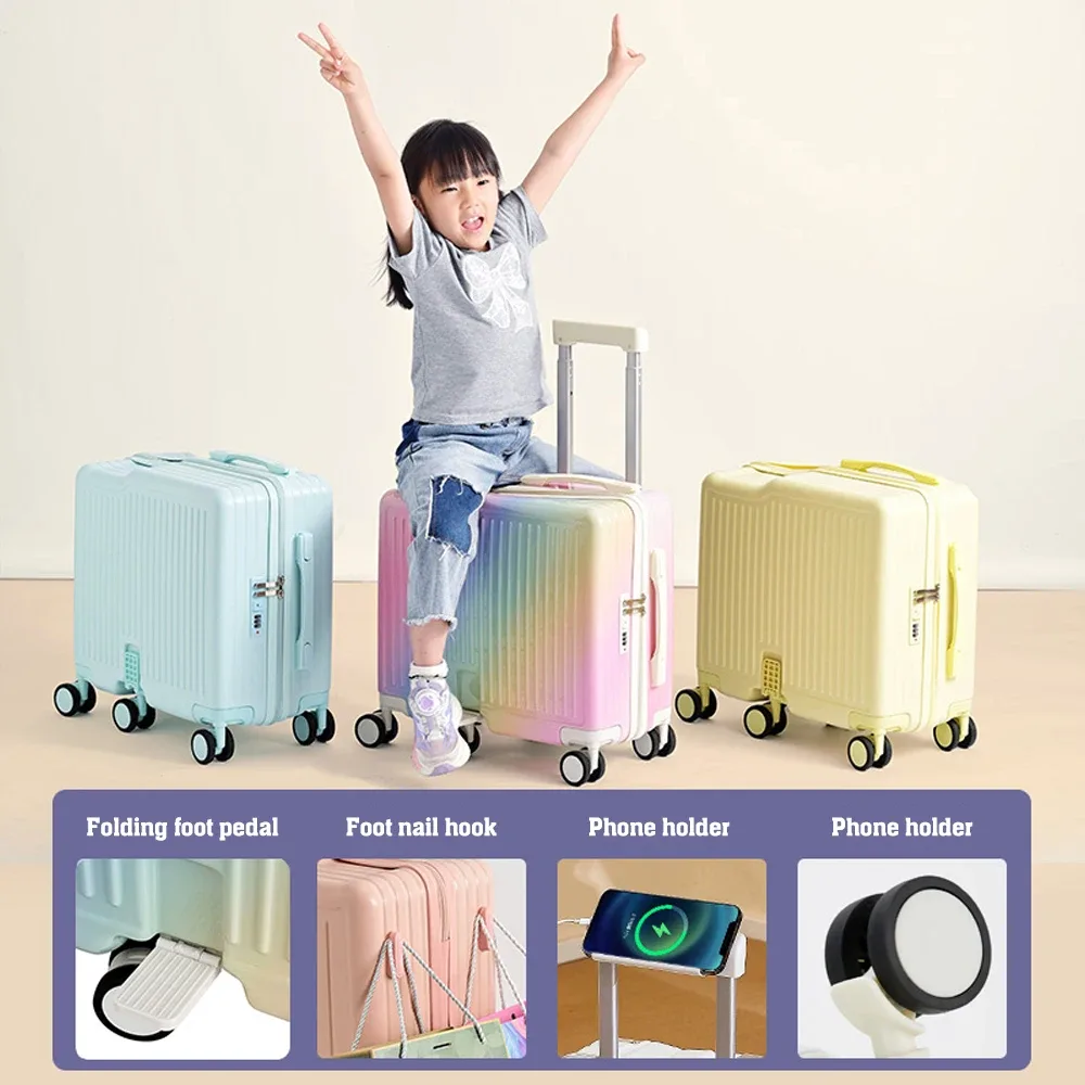 valise à roulettes 18 pouces, bagage cabine portable, 6 roues, fermeture éclair, verrouillable, avec siège intégré pour enfants