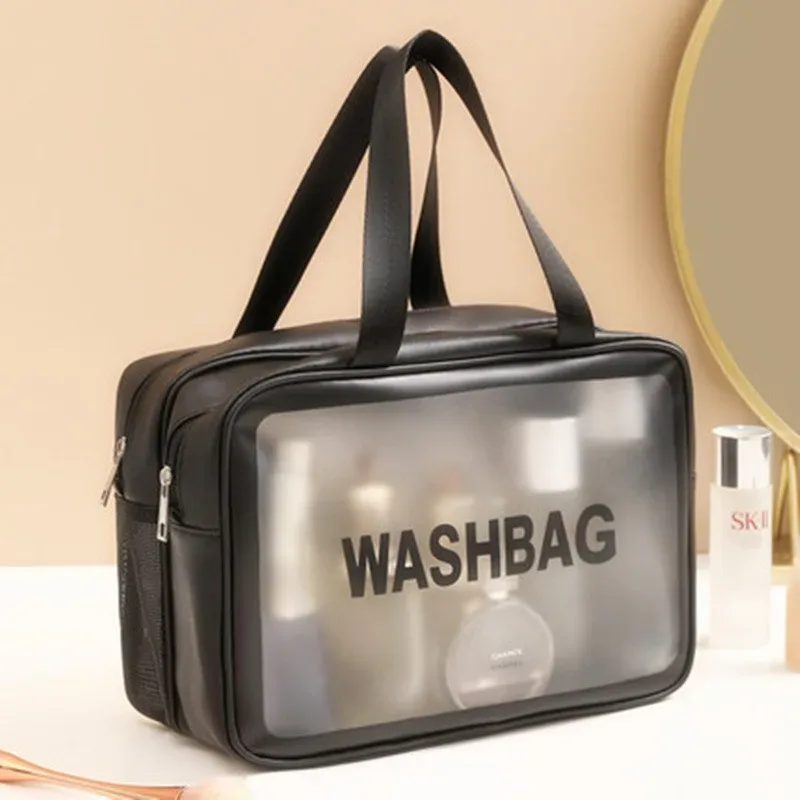trousse de toilette de voyage grande capacité, transparente, à double compartiment sec/humide, en pu givré, portable, sacs de rangement pour le bain