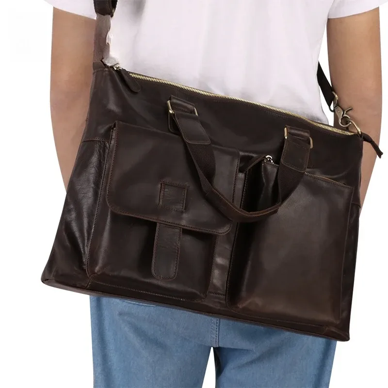 porte-documents d'affaires en cuir véritable pour hommes, sac pour ordinateur portable de 17 pouces, épaule horizontale, couche supérieure en peau de vache