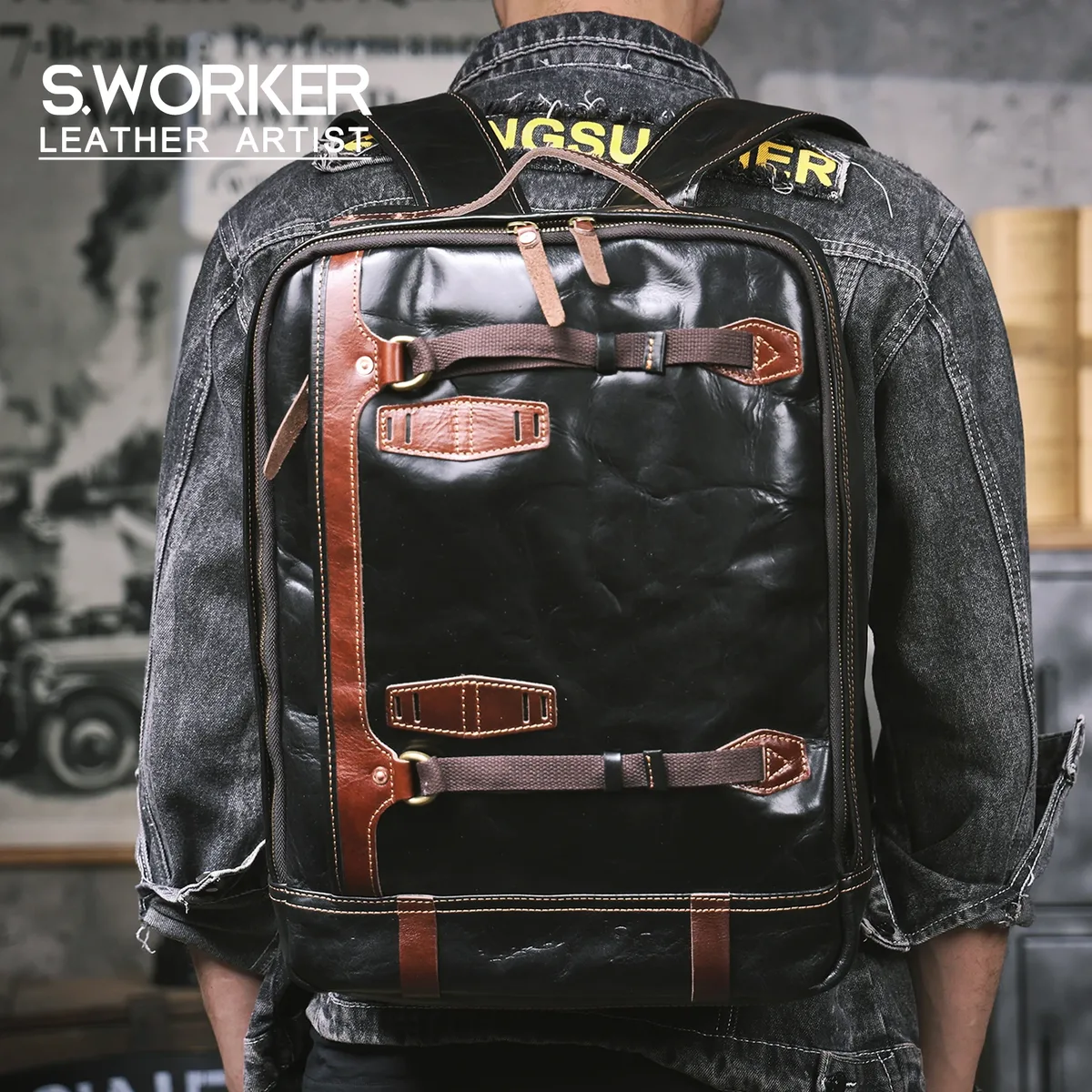 S.WORKER Sac à dos décontracté en cuir de vache véritable pour hommes, sac à dos pour ordinateur portable de 16 pouces, sacs de voyage de grande capacité, sacs d'école