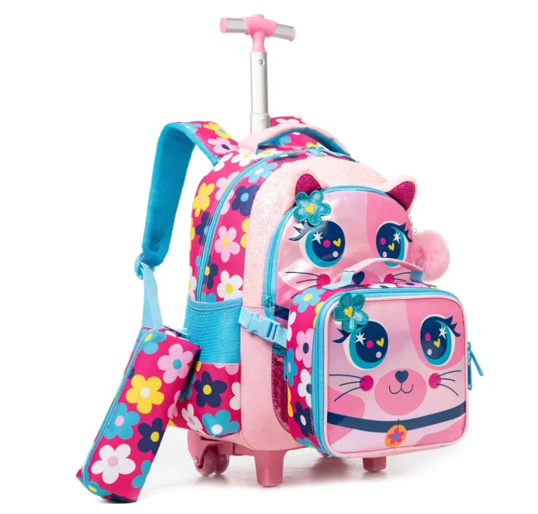 sac à dos de voyage pour enfants, sac à dos d'école à roulettes pour filles, bagages de voyage 3 en 1, valise à main avec sac à déjeuner
