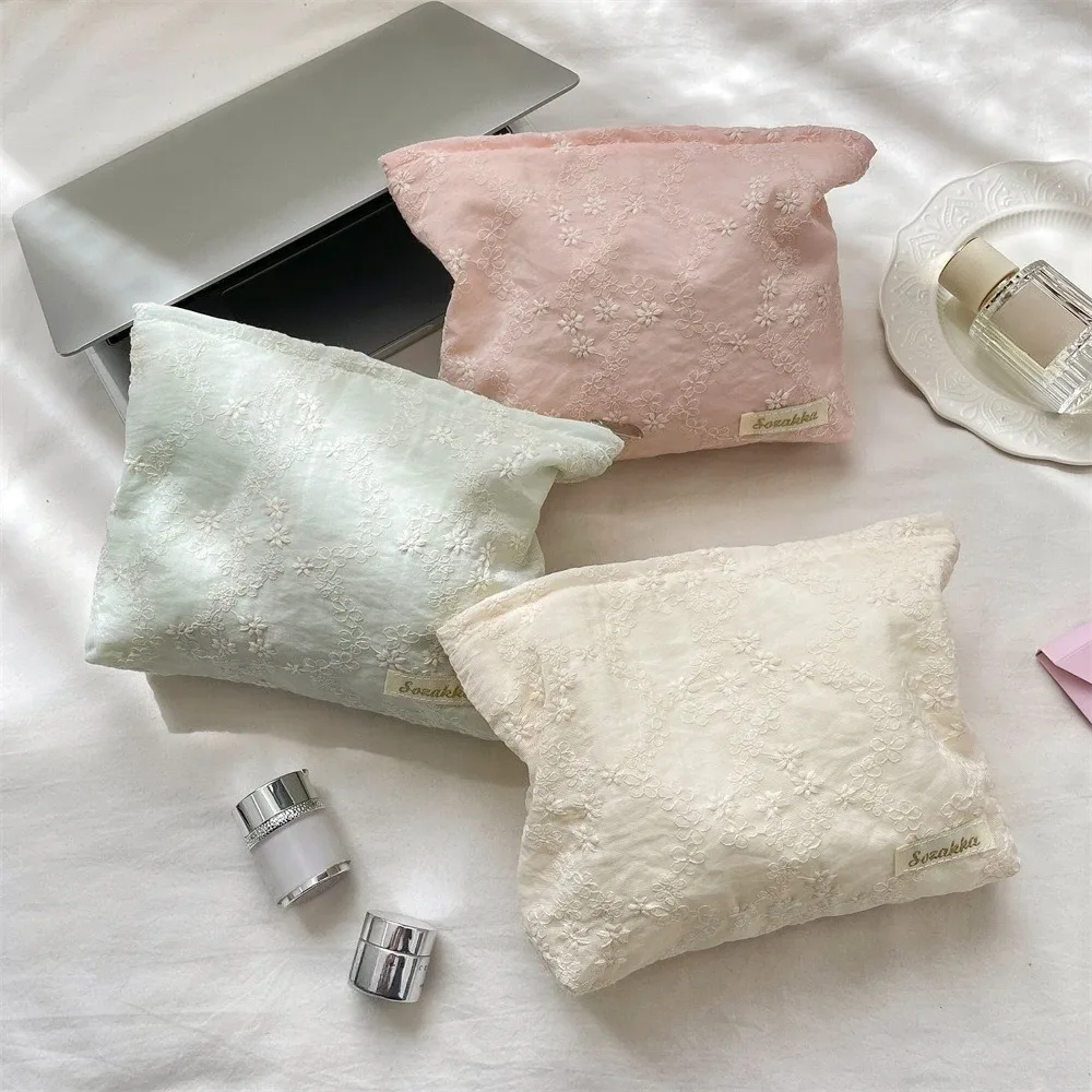 Nouvelle Trousse de Maquillage Portable en Dentelle Brodé avec Fermeture Éclair, Organisateur de Voyage pour Cosmétiques et Articles de Toilette pour Femme