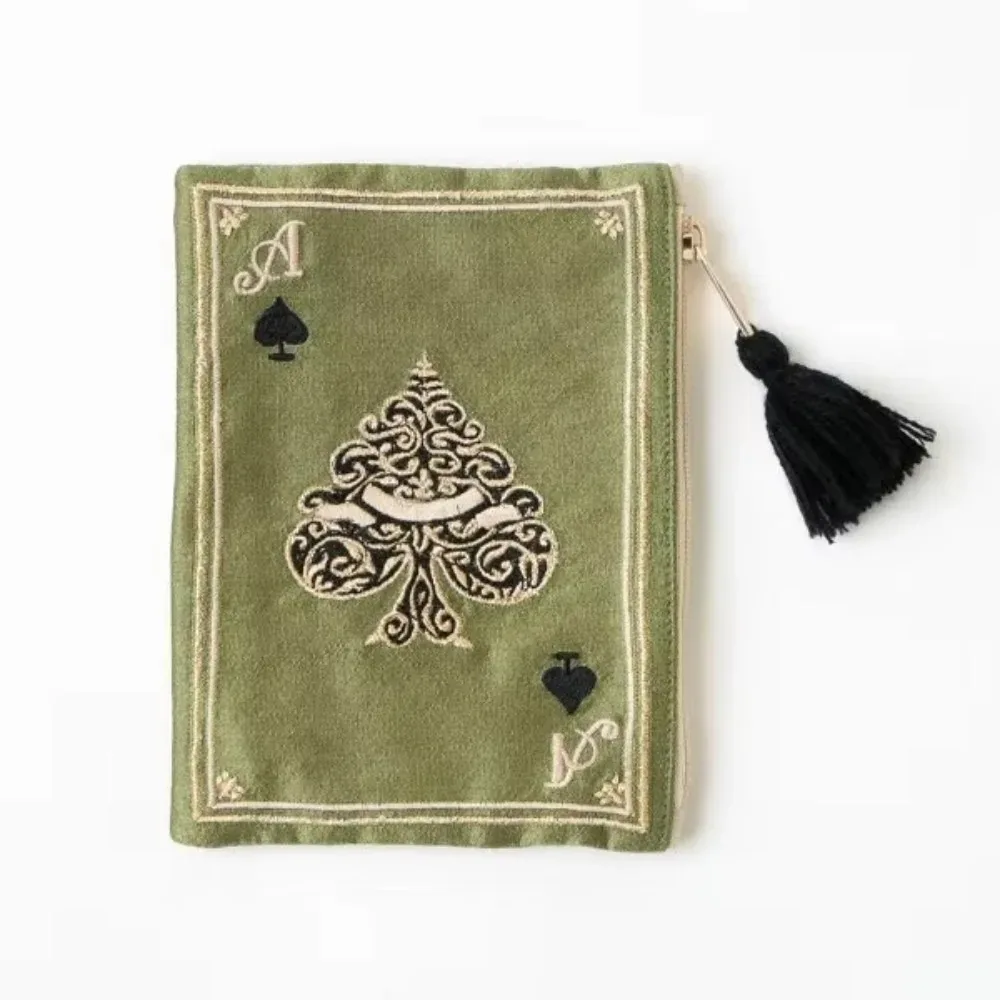 nouvelle trousse à cosmétiques brodée à la main, style ethnique, sac portable pour monnaie et cartes, motif rétro de cartes à jouer, sac de rangement à franges