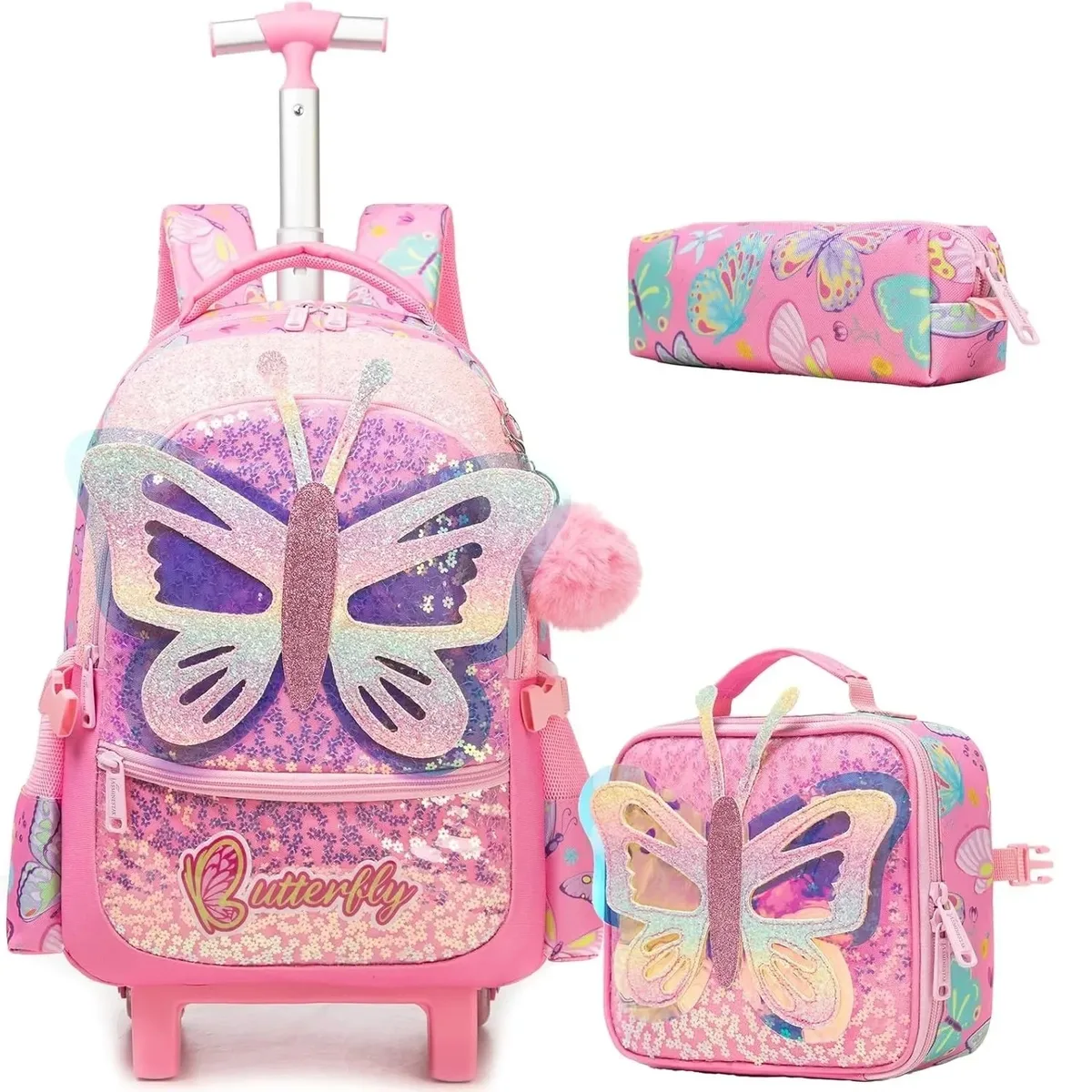 sac à dos roulant 3 pièces pour filles, avec roulettes pour élèves du primaire, sac à bagages à main 3 en 1, valise de voyage pour enfants