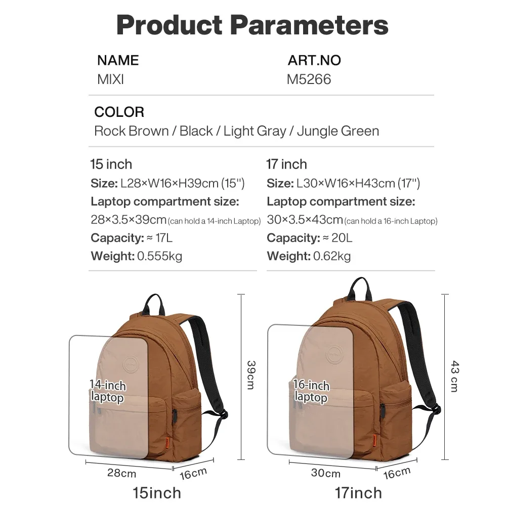 mixi – sac à dos léger d'extérieur, sac à dos décontracté pour ordinateur portable, sac à livres de voyage, résistant à l'eau, petit sac de randonnée durable