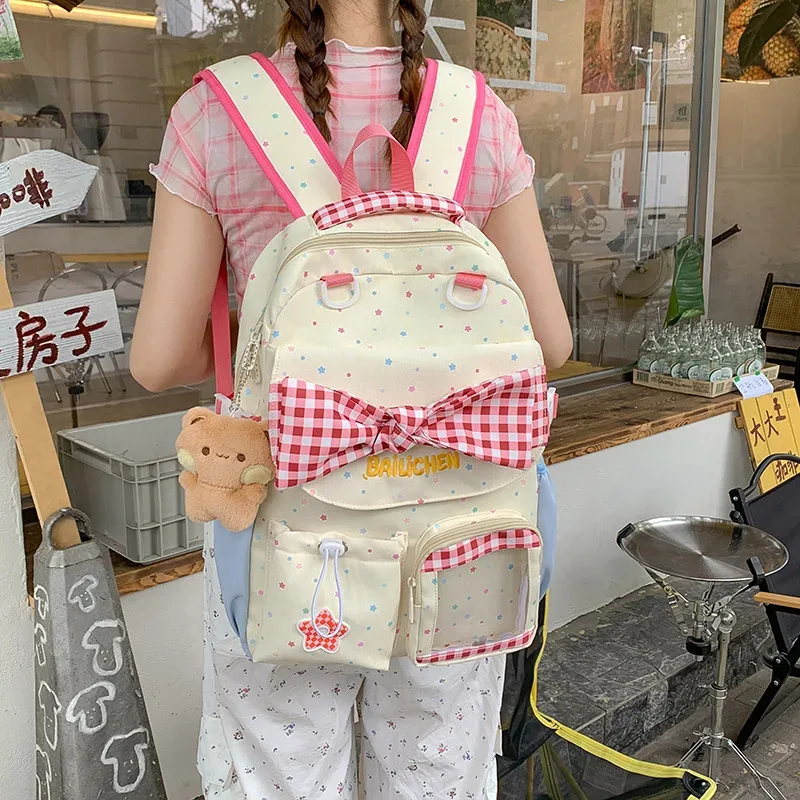 sac à dos en nylon pour adolescente, style coréen, avec nœud papillon, imprimé à carreaux et lettres, grande capacité, pour voyage et école