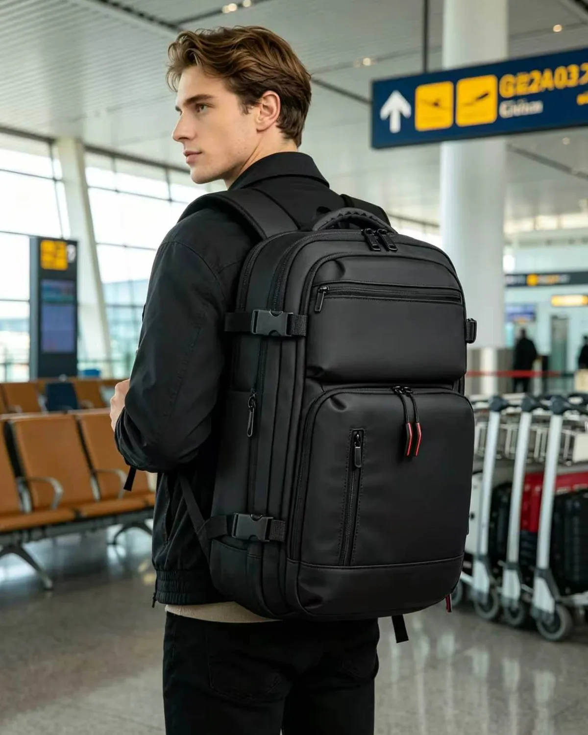 Sac à dos de voyage 60L extensible avec système de compression d'air et serrure TSA, bagage cabine