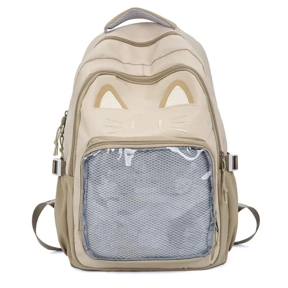 sac ita brodé tendance style preppy grande capacité poche transparente sac à dos étudiant chat mignon pour femme