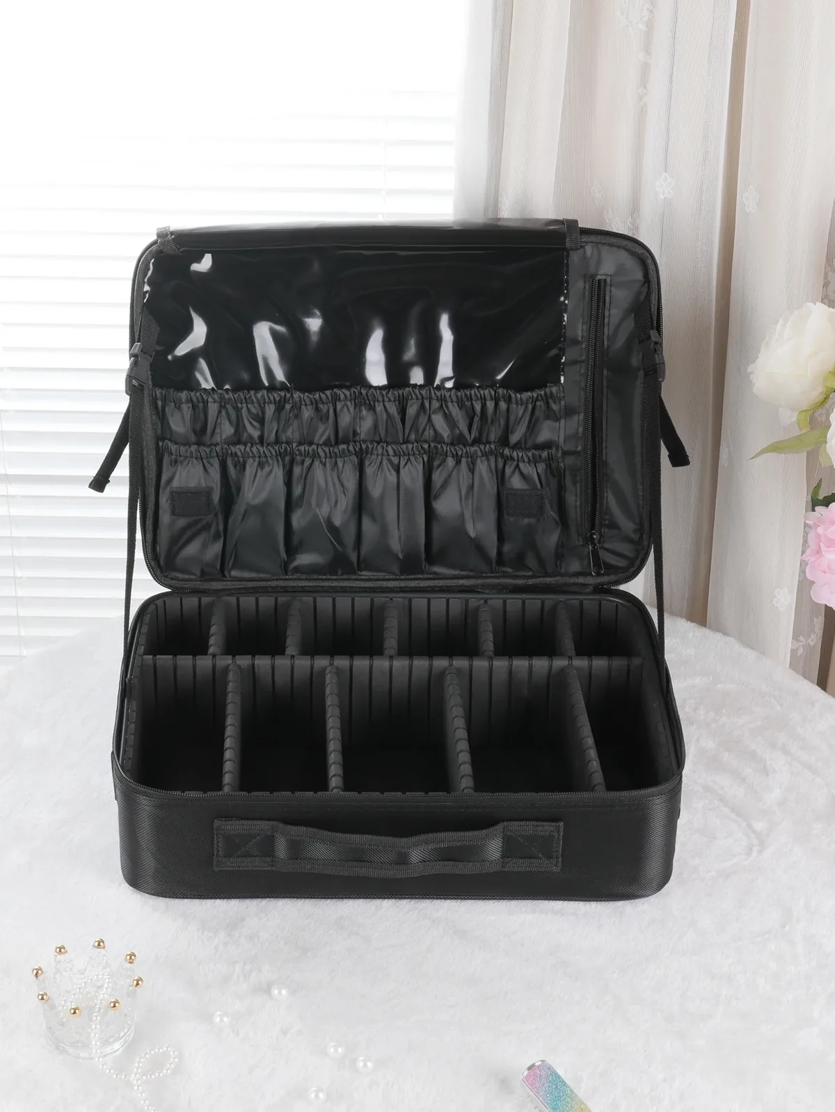 trousse de maquillage de voyage, étuis de train de maquillage, organisateur professionnel de rouge à lèvres avec bandoulière, séparateurs réglables pour maquillage cosmétique