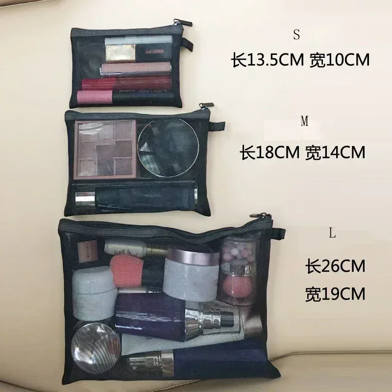 sacs de maquillage de lavage de toilette, trousse de maquillage en maille transparente noire, pochette de rangement, sac à cosmétiques de voyage pour femmes, fermeture éclair décontractée