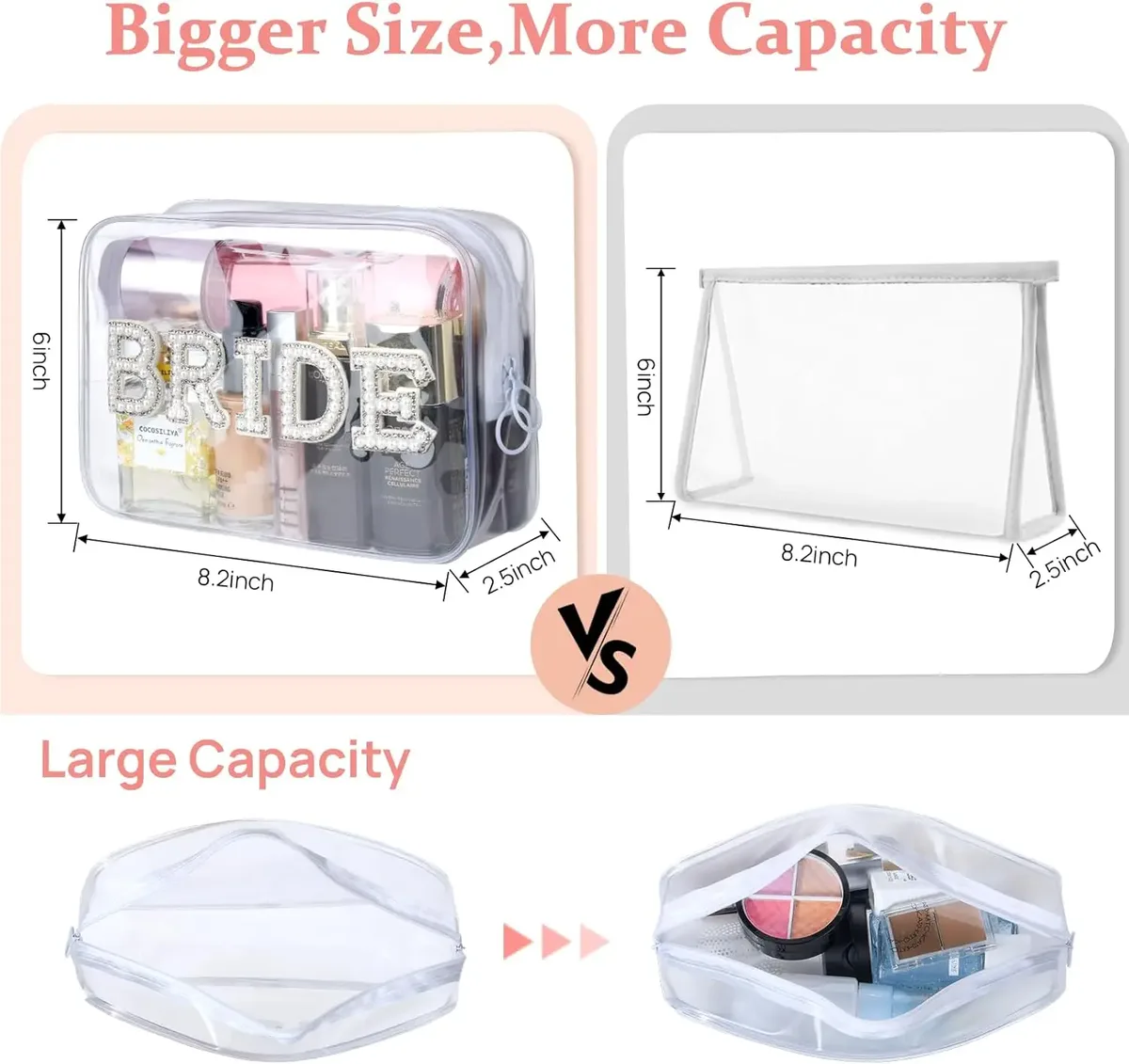 trousse de maquillage transparente pour la mariée, sac cosmétique de fiançailles, cadeaux de douche pour patients, patchs de lettres en biscuits scintillants, voyage en pvc étanche