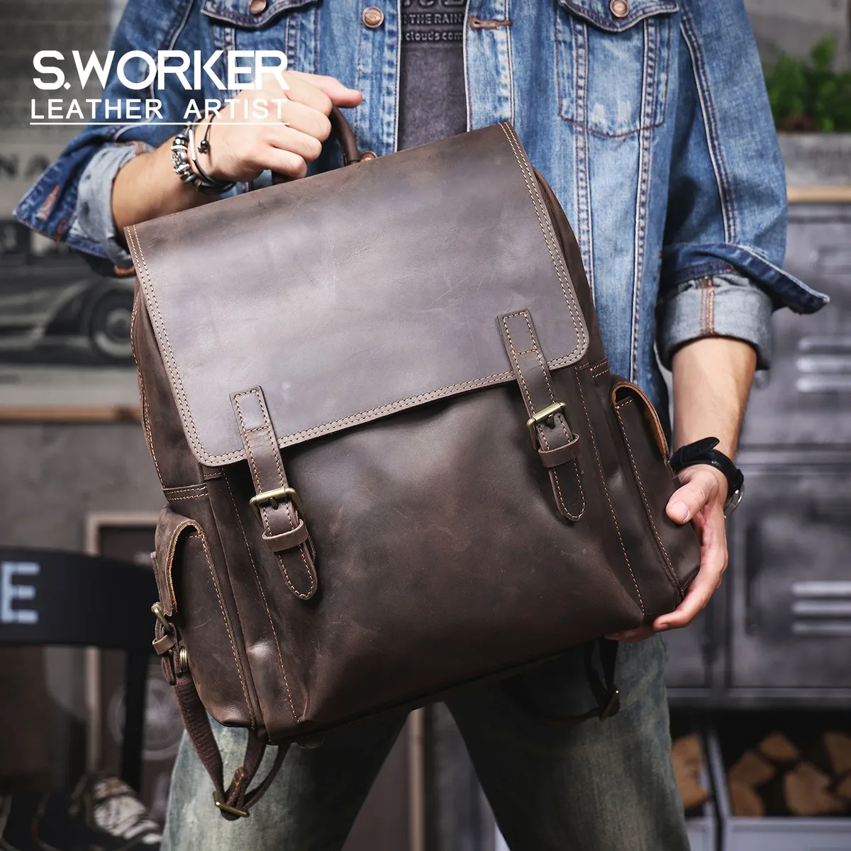 Sac à dos vintage en cuir véritable S.WORKER, sac pour ordinateur portable 15 pouces, sac d'école décontracté en cuir Crazy-horse, sac de voyage de week-end pour l'extérieur