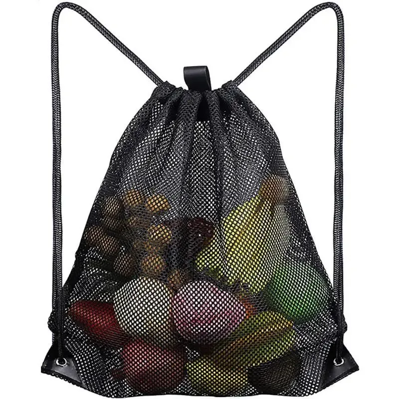 sac à dos en maille avec cordon de serrage, sacs en maille noirs, sac en filet robuste pour ballon de football, sac pour équipement de sport, plage et natation.