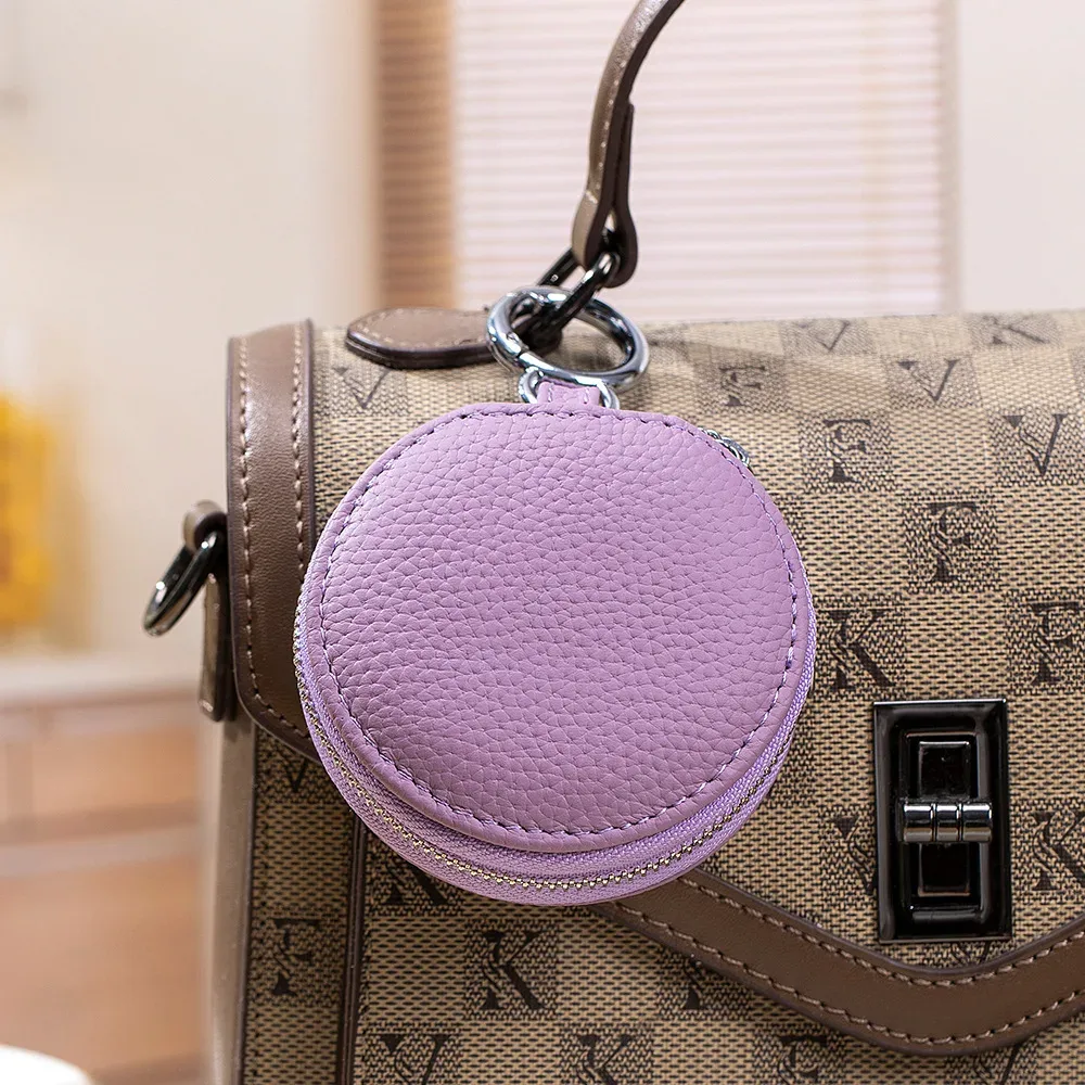 sac de rangement rond en cuir véritable pour femmes, sac rond pour rouge à lèvres souple, sac pour écouteurs avec miroir, sac porte-clés pendentif de grande capacité