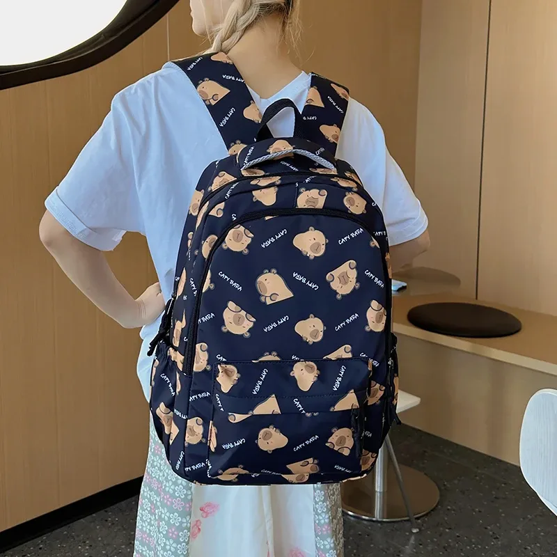 sac à dos capybara pour adolescents, grande capacité, élégant, multi-poches, kawaii, pour les trajets quotidiens, sac à dos simple