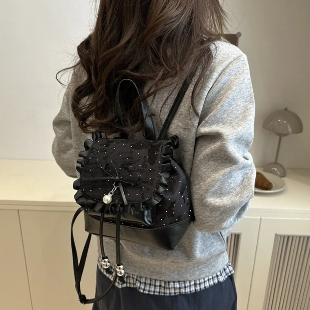 sac à dos mini léger à pois avec nœud papillon et dentelle, sac à livres mignon pour femme 2026