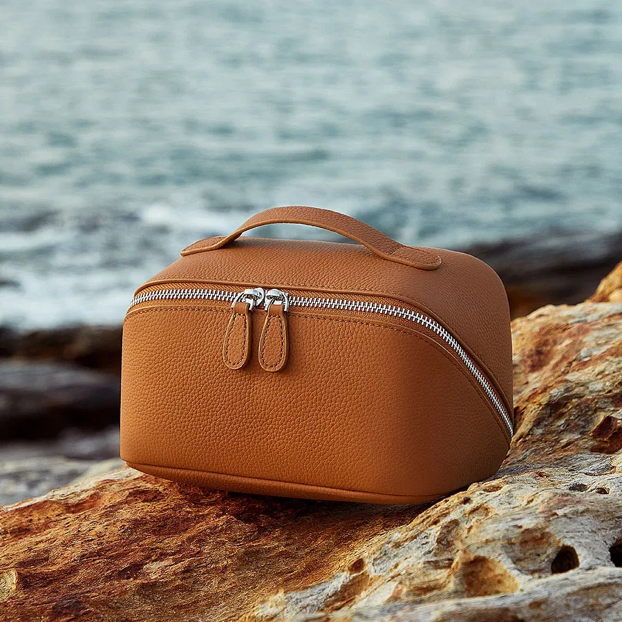 sac à cosmétiques en cuir véritable, design classique, multifonction, trousse de toilette de voyage, portable, simple, organiseur pour femmes, sac à main, trousse de maquillage