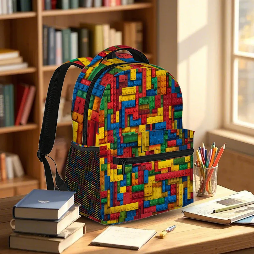 sac à dos à blocs colorés, tissu léger et durable avec fermeture à glissière, imprimé animé tendance pour le travail scolaire et le week-end