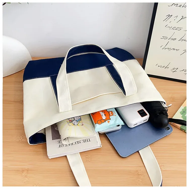 sac à bandoulière en toile personnalisable avec nom, poche avant color block, grand sac fourre-tout décontracté réutilisable pour femme, plage, shopping quotidien