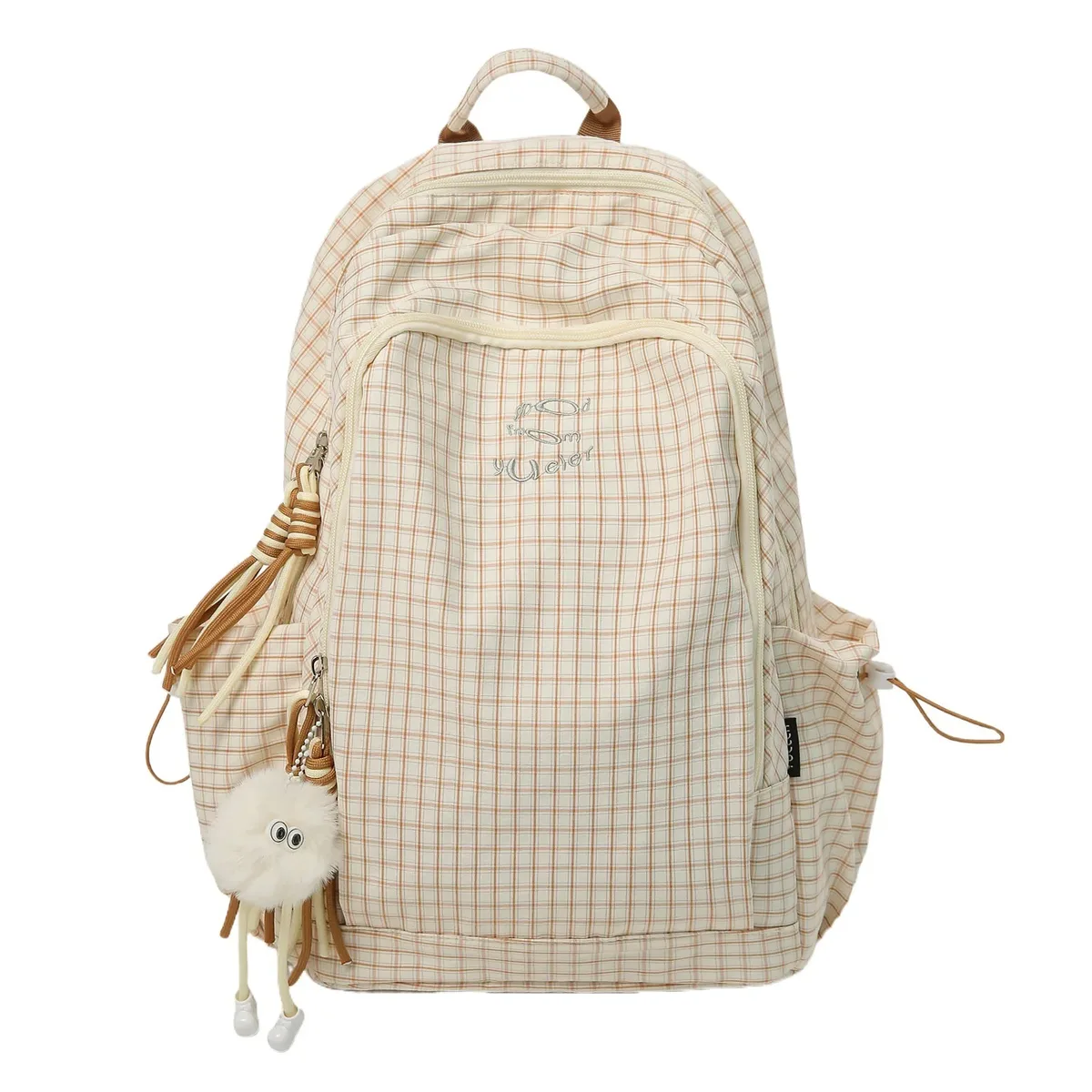 sac à dos coréen à carreaux avec cordon de serrage, grande capacité, pour étudiants et navetteurs, en nylon léger, sac à livres décontracté en forme de seau avec fermeture éclair, couleur foncée