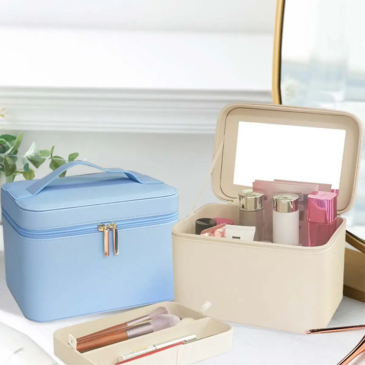 trousse de maquillage avec grand miroir, sac de voyage portable, grande capacité, boîte de rangement simple pour cosmétiques avec plateau miroir
