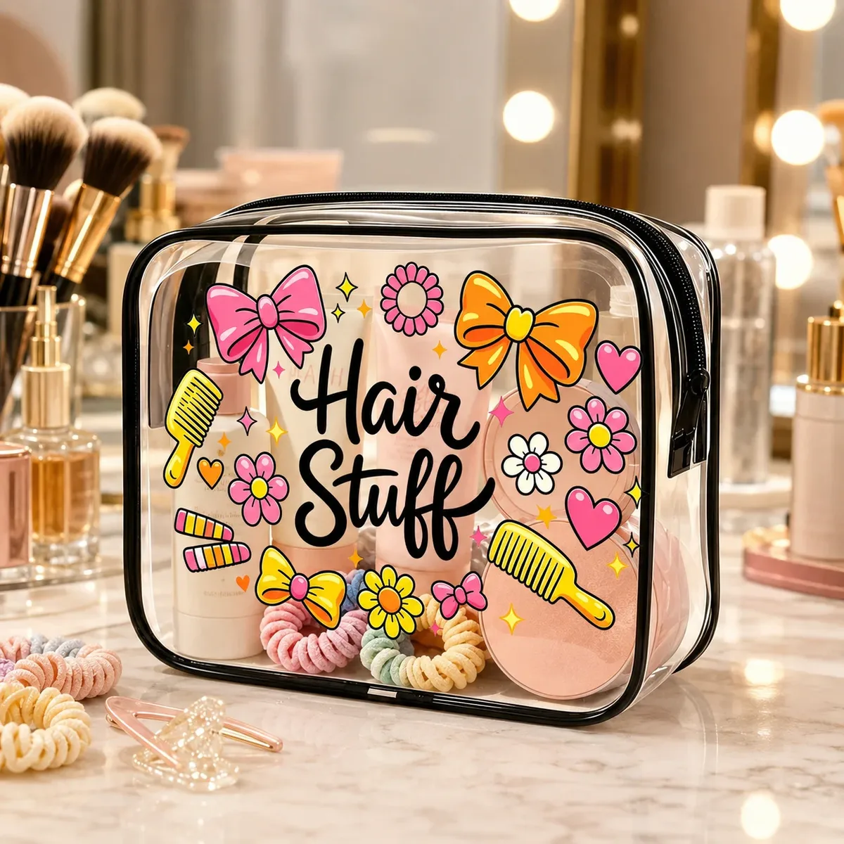 trousse de toilette transparente en pvc avec imprimé mignon pour accessoires cheveux et maquillage – organisateur de voyage
