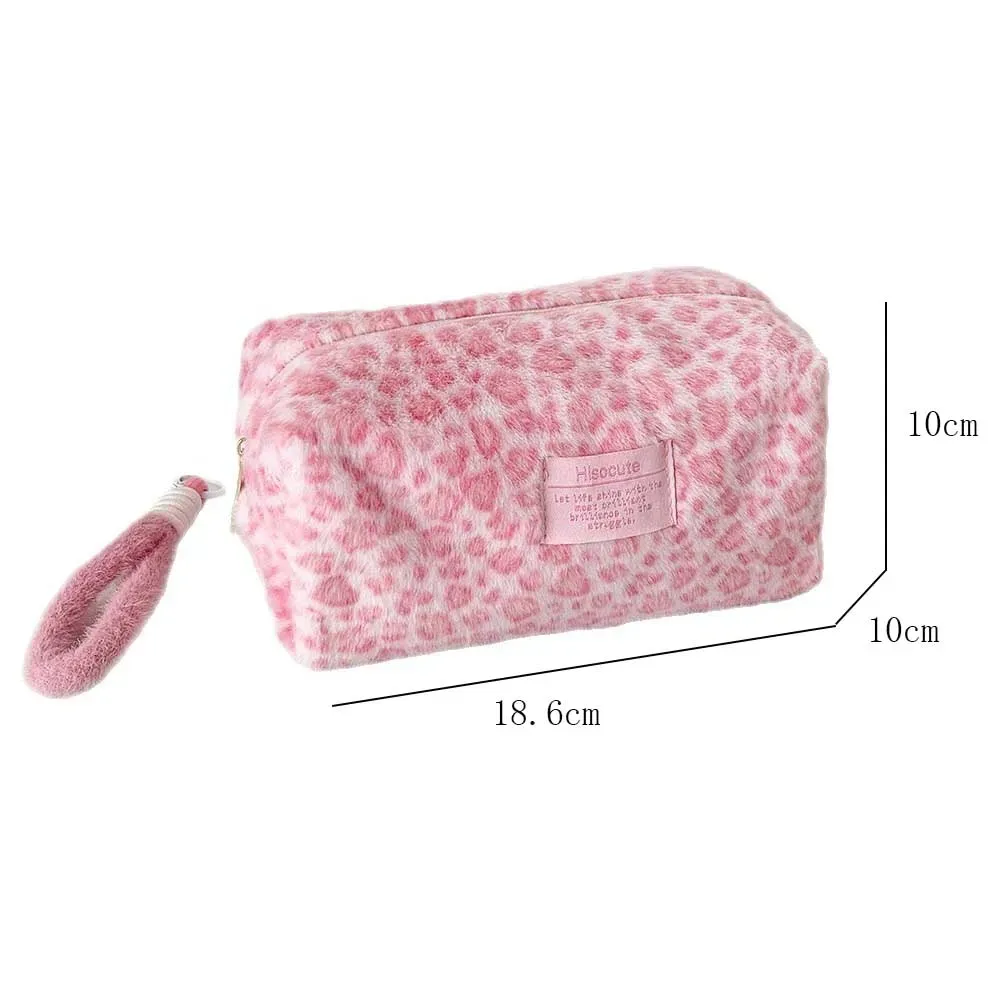 sac de maquillage d'écolière imprimé léopard de couleur rose en peluche, grand fourre-tout cosmétique pour femmes, mignon, portable, organisateur de transport à main de voyage