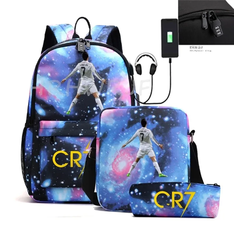sacs à dos sport décontractés cr7, lot de 3, légers et simples, grande capacité, pour adolescents, ordinateurs portables, école, femmes, hommes, voyage, usb, anti-vol, mochilas