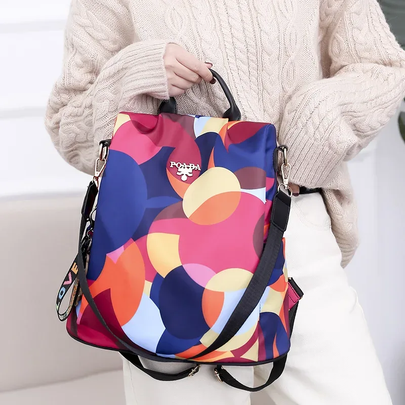 sac à dos en tissu oxford pour femmes, motif circulaire coloré, imperméable, antivol, sacs à dos polyvalents pour voyage/école/usage quotidien