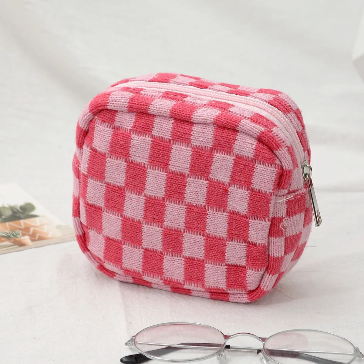 sac à cosmétiques en damier, sac de rangement de toilette tricoté, pochette de maquillage colorée, organisateur, sac à cosmétiques à motif à carreaux