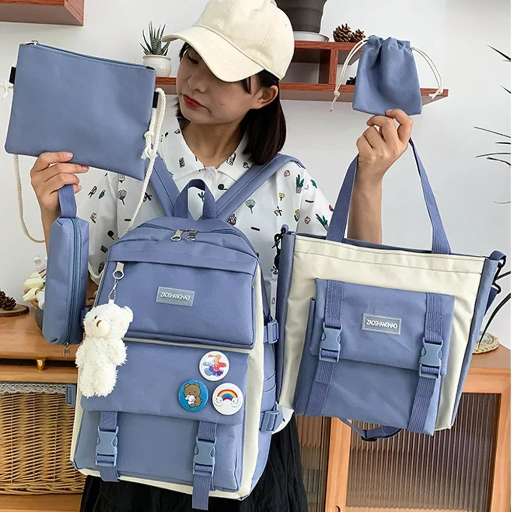5 pièces kit sac à dos femme mode dame haute capacité étanche collège à la mode filles sacs d'école pour ordinateur portable mignon fille voyage livre sac
