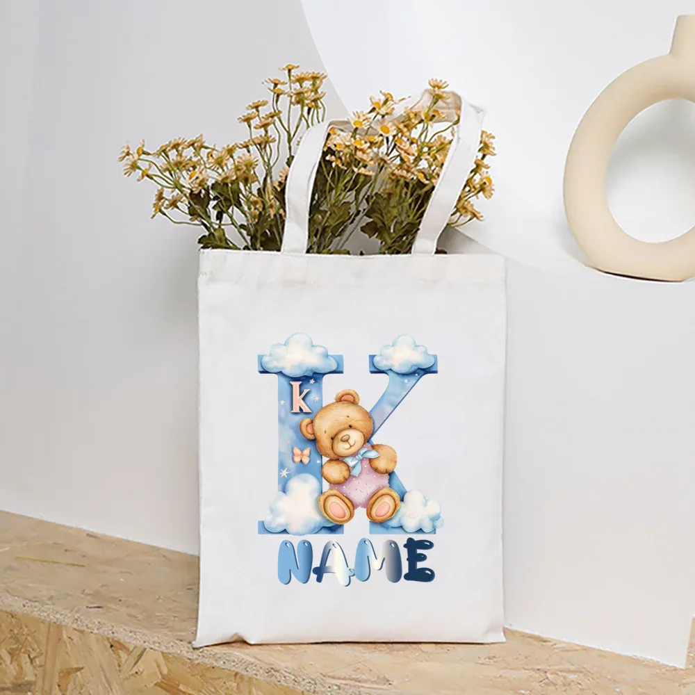 sacs fourre-tout en toile college nuage ours et alphabet personnalisés, sacs à main personnalisés de grande capacité, cadeaux de portabilité pour la rentrée scolaire