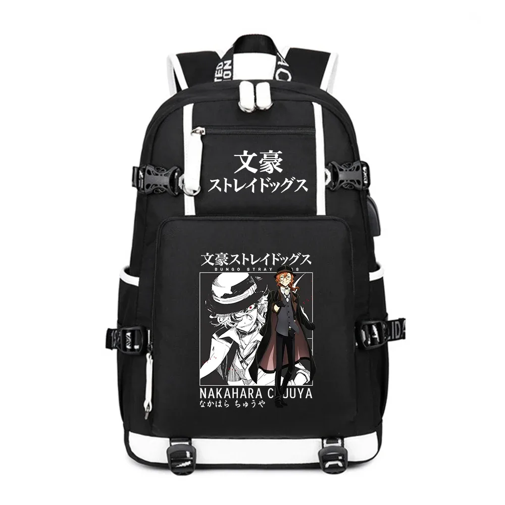 sac à dos de voyage bungo stray dogs oxford pour hommes, grands sacs d'école, cartable anime, chargement usb, sac à dos pour ordinateur portable, sacs initiés noirs