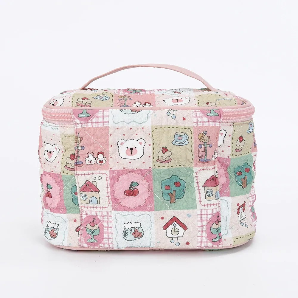 trousse de maquillage mignonne, nouveau style à carreaux avec chat, rangement portable à compartiments, grande capacité pour les voyages et les articles de toilette à porter à la main