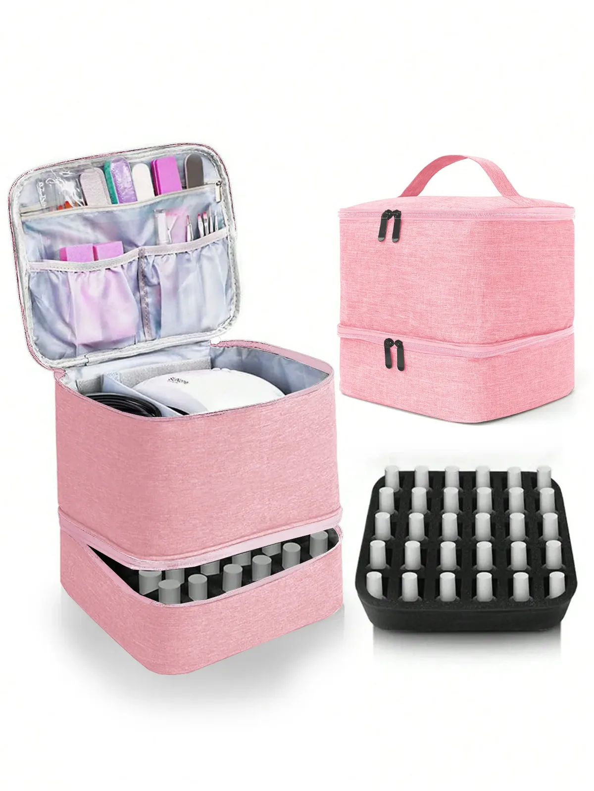 organisateur de vernis à ongles avec lumière uv intégrée, étui de transport double couche pour vernis à ongles, capacité de 30 flacons, sac de rangement, kit de manucure