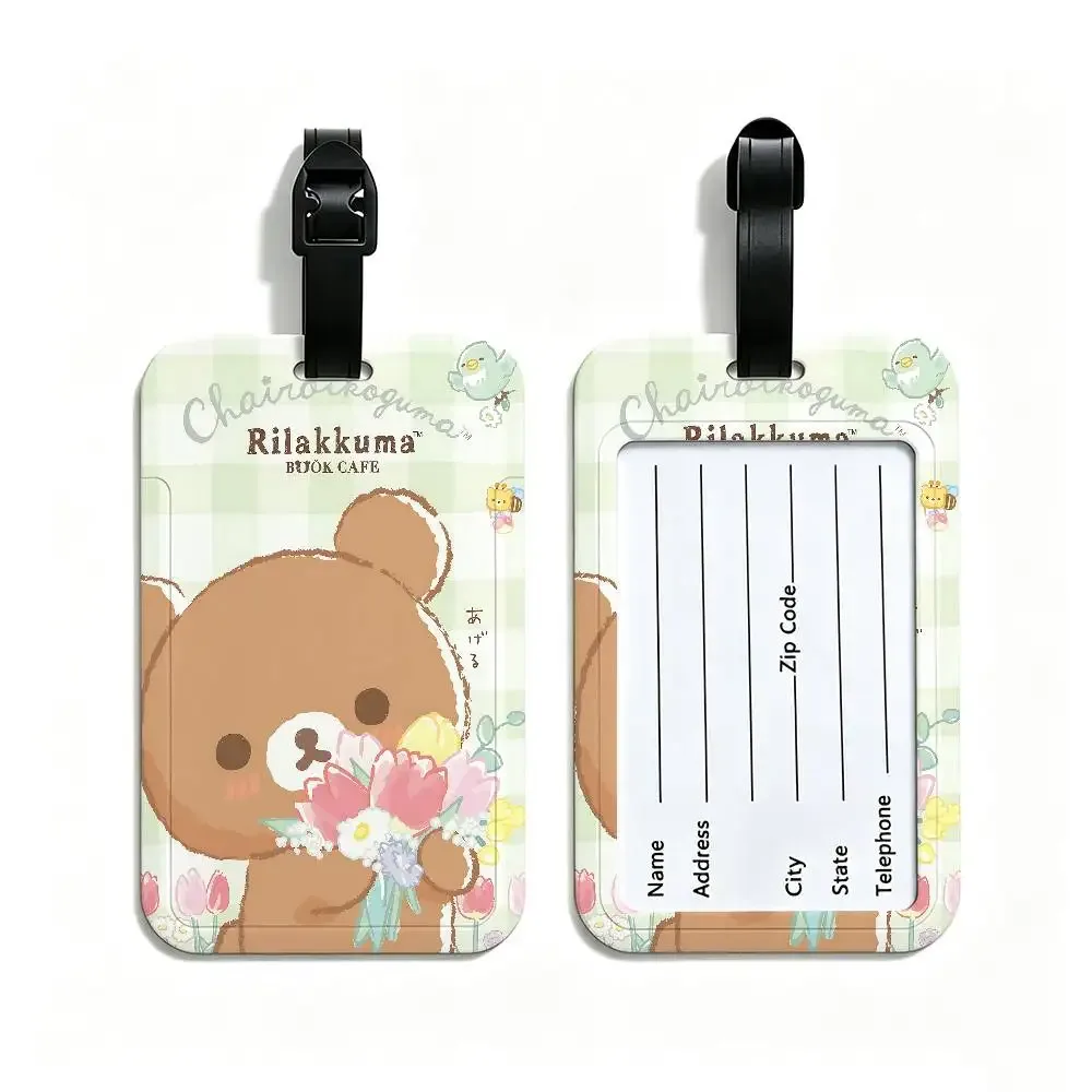 étiquette de bagage de voyage rilakkuma mignonne en dessin animé, étui en pvc pour carte d'information, marqueur de nom anti-perte pour sac à dos.