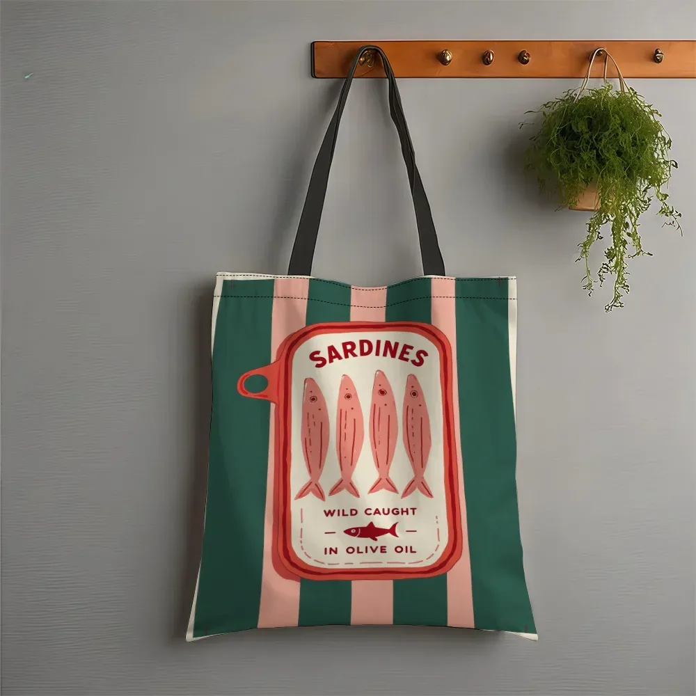 sac fourre-tout réutilisable pour sardines à l'huile d'olive, 1 pièce, sac à bandoulière élégant à rayures vertes et roses avec illustration de poisson