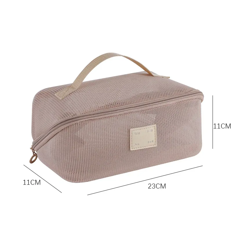 organisateur de toilette transparent de grande capacité, pochette de rangement cosmétique portable pour femmes, sac à maquillage respirant en maille