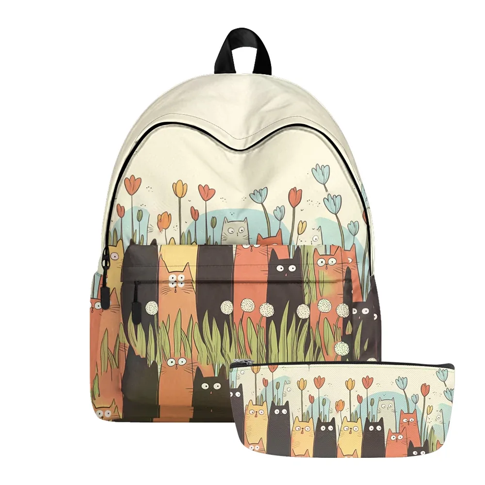 sac à dos imprimé chats de dessin animé mignon, sacs à crayons, bretelles réglables, sac d'école léger et durable, sac de jour de voyage pour adolescents, ensembles