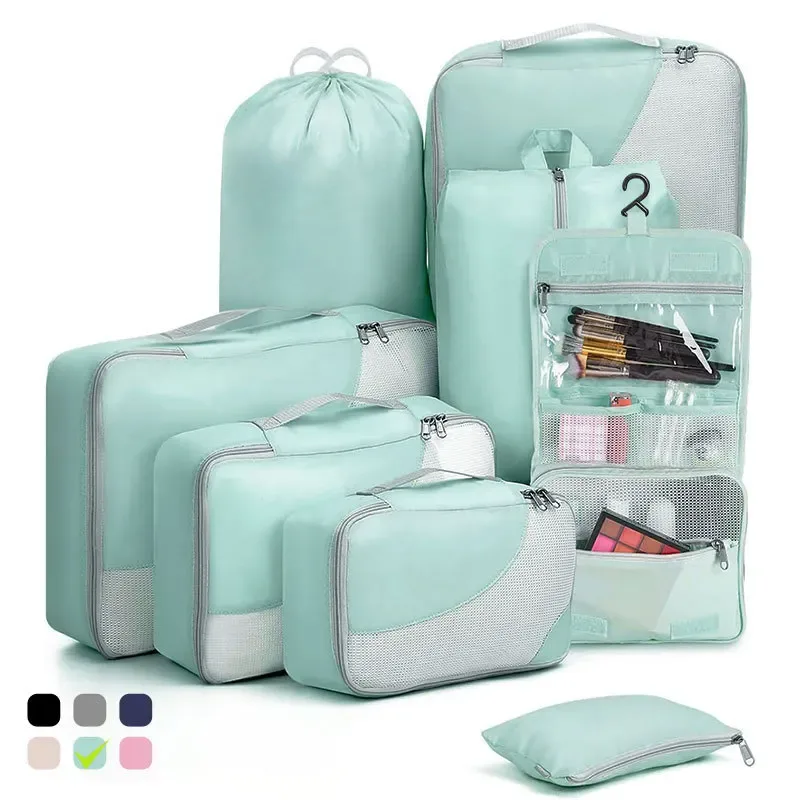 organiseur de valise de qualité supérieure, 8 pièces, pochettes de rangement en maille transparente, cubes de rangement résistants aux déchirures, sacs de rangement pour vêtements avec trousse de toilette