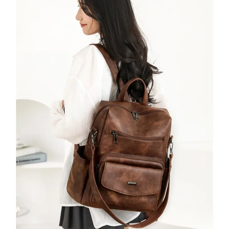 sac à dos en cuir pu pour femmes, imperméable, antivol, grande taille, mode rétro, voyage, collège, travail, portefeuille, sac à bandoulière, 2025