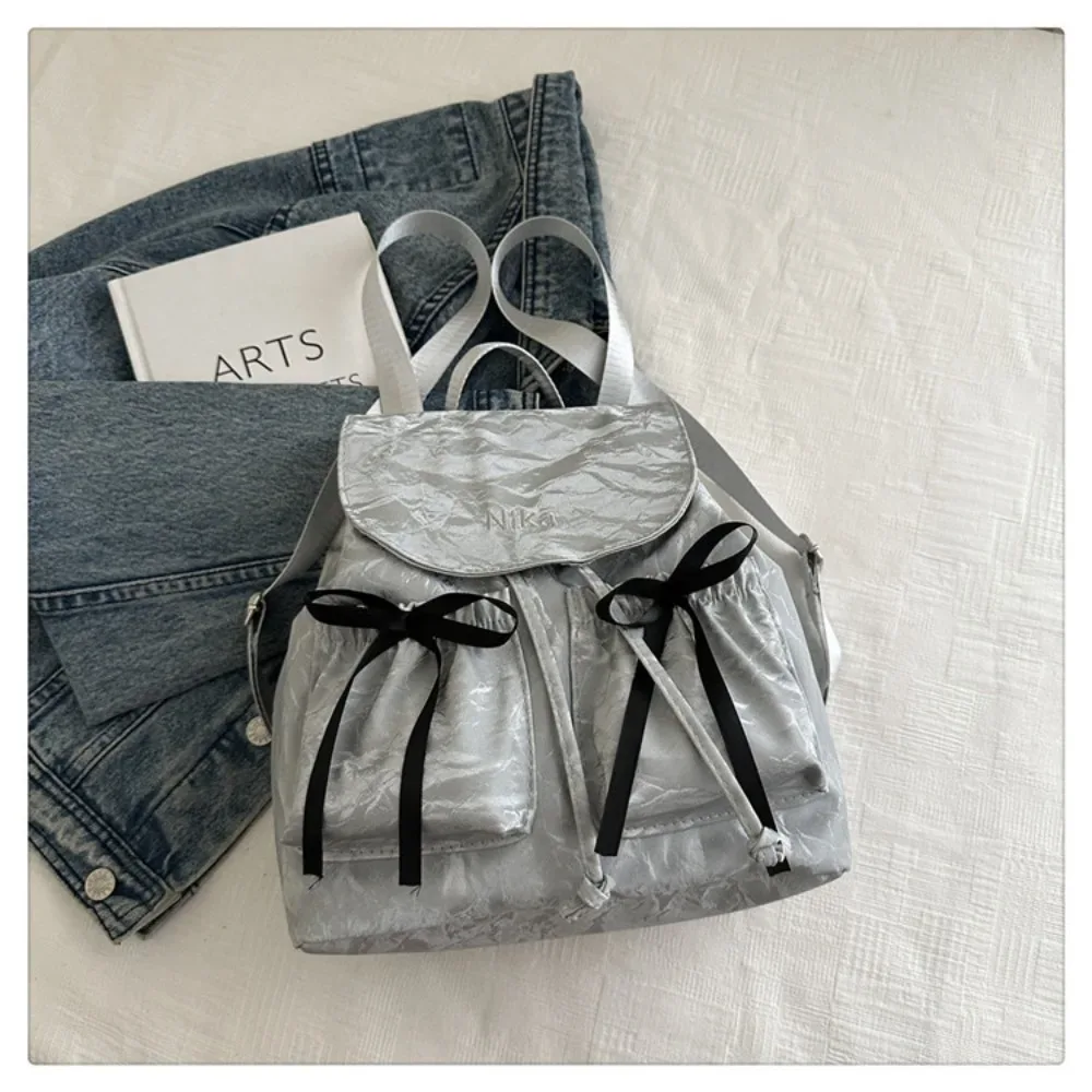 sac à dos à nœud mignon pour femmes, sac à dos avec cordon de serrage de grande capacité pour étudiants, sac de voyage de couleur unie pour l'extérieur