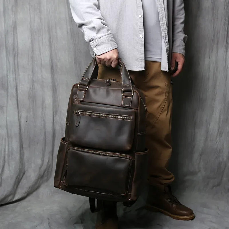 sac à dos rétro en cuir pour hommes, couche supérieure en cuir, grande capacité, sac d'ordinateur, crazy horse, loisirs, voyage, nzpj